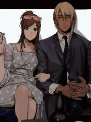  1boy 1girl ace_attorney amikoiiko black_eyes black_jacket black_necktie black_pants black_shoes blonde_hair brown_hair closed_mouth collared_shirt crossed_legs derivative_work dress ema_skye eyewear_on_head green_eyes hair_between_eyes highres interlocked_fingers jacket klavier_gavin locked_arms long_hair long_sleeves looking_at_viewer medium_hair necktie own_hands_together pants photo-referenced polka_dot polka_dot_dress ponytail shirt shoes sitting smile sunglasses white_shirt 