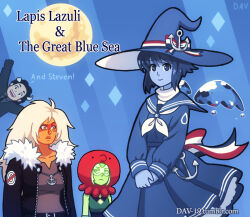  1boy 3girls animification cosplay dav-19 funamusea hat idate_(funamusea) idate_(funamusea)_(cosplay) jacket jasper_(steven_universe) lapis_lazuli_(steven_universe) liquid_wings moon multiple_girls oounabara_to_wadanohara peridot_(steven_universe) sailor_collar samekichi_(funamusea) samekichi_(funamusea)_(cosplay) smile steven_quartz_universe steven_universe wadanohara wadanohara_(cosplay) water witch_hat 