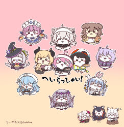  :3 ahoge alternate_costume anchor_symbol animal_ears apple_anzu apron baguette beer_can black_hair blue_hair blush_stickers braid bread brown_hair can carrot_hair_ornament cat_ears cat_girl cat_tail chibi chibi_only chiikawa chiikawa_(character) closed_mouth commentary_request cooking crossed_arms crossover crying crying_with_eyes_open dango demon_girl demon_horns demon_tail dog_ears dog_girl don-chan_(usada_pekora) drink_can drinking dumpling eating facing_viewer flower flying_sweatdrops food food-themed_hair_ornament fox_ears fox_girl fox_tail fried_rice full_body gradient_background grey_hair hachiware_(chiikawa) hair_flower hair_ornament hat highres himemori_luna holding holding_can holding_food hololive hololive_english horns inugami_korone inugami_korone_(1st_costume) jiaozi jumping koseki_bijou koseki_bijou_(1st_costume) lion_ears lion_girl long_hair looking_at_viewer maid maid_headdress minato_aqua minato_aqua_(1st_costume) motion_lines multiple_girls murasaki_shion murasaki_shion_(1st_costume) nakiri_ayame nakiri_ayame_(1st_costume) nekomata_okayu nekomata_okayu_(1st_costume) noodles omelet omurice on_tree_stump ookami_mio ookami_mio_(1st_costume) oozora_subaru oozora_subaru_(1st_costume) open_mouth purple_hair rabbit_ears rabbit_girl ramen shirakami_fubuki shirakami_fubuki_(1st_costume) shishiro_botan short_hair shorts simple_background sitting sparkle standing tail tears translation_request tree_stump twin_braids usada_pekora usada_pekora_(1st_costume) usagi_(chiikawa) wagashi white_apron white_hair wings witch_hat wok wolf_ears wolf_girl wolf_tail yukihana_lamy yukihana_lamy_(1st_costume) 