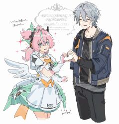  1boy 1girl angel_wings aqua_streaks aria_(human)_(zenless_zone_zero) aria_(zenless_zone_zero) black_shirt blue_jacket collarbone commentary_request dress four-finger_heart_hands gloves grey_background grey_hair hal_7gkn heart heart_hands heart_hands_duo idol idol_clothes jacket long_sleeves multicolored_hair open_mouth pink_gloves pink_hair shirt signature simple_background smile streaked_hair translation_request white_dress white_wings wings wise_(zenless_zone_zero) zenless_zone_zero 