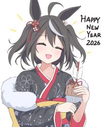  1girl ahoge animal_ears arrow_(projectile) black_hair black_kimono closed_eyes commentary english_commentary hair_between_eyes hair_ornament hamaya happy_new_year highres holding horse_ears horse_girl japanese_clothes kimono kitasan_black_(umamusume) kyl490 long_sleeves multicolored_hair new_year open_mouth sash short_hair simple_background smile solo streaked_hair umamusume upper_body white_background white_hair wide_sleeves 