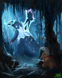  baxcalibur cape cave claws closed_eyes closed_mouth colored_sclera commentary cyndaquil dragon english_commentary fangs helmet highres holding holding_sword holding_weapon knight no_humans open_mouth planted planted_sword pokemon pokemon_(creature) pokemon_focus red_cape rhond_45 sweatdrop sword visor_(armor) weapon yellow_eyes yellow_sclera 