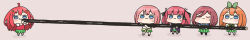  5girls ahoge akino_ell black_pantyhose black_ribbon black_shoes blue_eyes blue_shoes blue_sweater bow brown_hair chibi collared_shirt commentary_request food go-toubun_no_hanayome green_bow green_ribbon green_skirt hair_ornament hair_ribbon highres holding holding_food jacket long_hair makizushi multiple_girls nakano_ichika nakano_itsuki nakano_miku nakano_nino nakano_yotsuba orange_hair oversized_food oversized_object pantyhose pink_background pink_hair pleated_skirt purple_hair purple_jacket red_hair ribbon shadow shirt shoes short_sleeves skirt socks standing star_(symbol) star_hair_ornament sushi sweater sweater_vest two_side_up very_long_hair white_shirt white_socks wide_image 