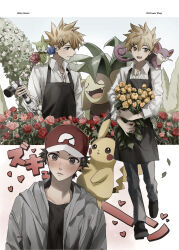  2boys absurdres apron black_apron black_hair black_pants black_shirt blue_oak blush brown_eyes brown_hair closed_mouth collared_shirt commentary_request exeggutor flower grey_jacket hair_ornament hairclip hat highres holding holding_flower hood hood_down hooded_jacket jacket jewelry long_sleeves male_focus multiple_boys necklace open_clothes open_jacket open_mouth pants pikachu pokemon pokemon_red/green/blue/yellow rattata red_(pokemon) red_hat roselia_(pokemon) sekaiitinoki shirt short_hair smile tongue translation_request white_shirt x_hair_ornament 