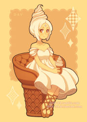  1girl adventure_time animification blush colored_skin dav-19 dress facial_mark flats food food-themed_hair forehead_mark frozen_yogurt_princess ice_cream personification princess sitting solo white_dress white_hair yellow_skin 