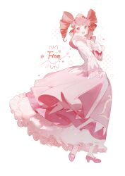  1girl :d absurdres bell_sleeves bilingual_commentary bow character_name chest_bow chinese_commentary commentary compact_(cosmetics) cosmetics crest dress drill_hair english_text fine_(fortune_princess)_(futagohime) fine_(futagohime) frilled_dress frilled_sleeves frills full_body fushigiboshi_no_futago_hime gold_tiara gown hair_ornament hand_on_own_chest heart heart_print high_collar high_heels highres holding_own_dress layered_dress light_particles long_hair long_sleeves looking_at_viewer magical_girl mary_janes mixed-language_commentary morgue_(southsakura) open_mouth pink_dress pink_shoes print_dress red_eyes red_hair shoes simple_background smile solo star_(symbol) star_hair_ornament sun_print supportasse swept_bangs teeth tiara twin_drills upper_teeth_only white_background white_bow 
