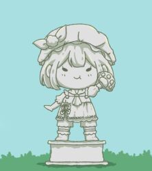  1girl :t aluoyanga apron ascot bare_arms blue_sky blunt_bangs boots bow buttons bye-bye_dust_(infinity_nikki) chibi chinese_commentary closed_mouth collared_shirt commentary_request day eyelashes frilled_headwear frilled_sleeves frills grass happy hat hat_bow holding holding_brush infinity_nikki kneehighs light_blush mob_cap nikki_(series) no_gloves objectification outdoors paw_print pom_pom_hat_ornament puffy_short_sleeves puffy_sleeves ribbon ribbon-trimmed_apron ribbon_trim rubber_boots shadow shirt short_hair short_sleeves shorts sky smile socks solid_oval_eyes solo statue straight-on 
