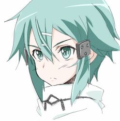  1girl asagi501 black_trim blue_eyes blue_hair commentary_request double-parted_bangs hair_between_eyes hair_ornament hairclip head_only highres light_blush light_frown looking_ahead medium_hair messy_hair scarf sidelocks simple_background sinon solo split_mouth sword_art_online v-shaped_eyebrows white_background white_scarf 