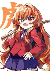  1girl absurdres aisaka_taiga blue_skirt bokken brown_hair cowboy_shot fang highres holding holding_weapon jacket long_hair long_sleeves looking_at_viewer mixed-language_commentary neck_ribbon oohashi_high_school_uniform open_mouth pleated_skirt red_jacket ribbon school_uniform shirt simple_background skin_fang skirt sleepyowl_(jobkung15) solo sword toradora! twitter_username violet_eyes weapon white_background white_shirt wooden_sword 