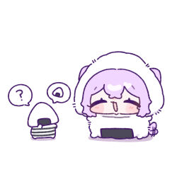  1girl :d ? animal_ears blush_stickers cat_ears cat_girl cat_tail chibi chibi_only closed_eyes commentary_request crossed_bangs double-parted_bangs food food_costume full_body highres hololive nekomata_okayu onigiri onigirya_(nekomata_okayu) open_mouth purple_hair short_hair simple_background smile spoken_food spoken_question_mark tail tail_wagging virtual_youtuber white_background yananang 