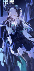  1girl absurdres animal_ears arknights bang_dream! bang_dream!_it's_mygo!!!!! black_bonnet black_dress black_gloves bonnet chinese_commentary closed_mouth commentary_request curtains dark_room dress floppy_ears gloves gothic_lolita green_hair hair_ornament hand_on_own_cheek hand_on_own_face head_rest highres indoors lolita_fashion long_hair long_sleeves looking_at_viewer oy_youyou_yo rabbit_ears rabbit_girl sidelocks sitting solo wakaba_mutsumi wakaba_mutsumi_(marionette's_id) window x_hair_ornament yellow_eyes 