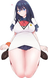  1girl ankoman blue_eyes blue_hair blue_shirt bow breasts cardigan commentary_request gridman_universe gridman_universe_(movie) heart highres kneeling large_breasts leg_focus legs_together loafers long_hair looking_at_viewer orange_scrunchie pleated_skirt red_bow red_socks scrunchie shirt shoes sitting skirt smile socks solo solo_focus takarada_rikka thick_thighs thighs white_background white_cardigan wide_hips 