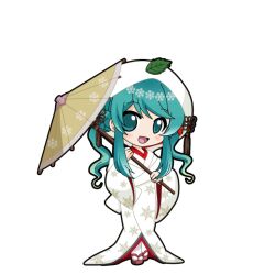  1girl :d aqua_eyes aqua_hair black_outline blush chibi chibi_only flower_knot full_body game_asset gradient_hair hair_ornament hatsune_miku hatsune_miku_graphy_collection holding holding_umbrella hood hood_up japanese_clothes kimono leaf leaf_on_head long_hair long_sleeves looking_at_viewer multicolored_hair oil-paper_umbrella okobo open_mouth outline platform_sandals sandals shiromuku smile snowflake_hair_ornament snowflake_print solo standing tabi tassel transparent_background twintails_with_hair_base uchikake umbrella vocaloid wataboushi yuki_miku yuki_miku_(2013) 