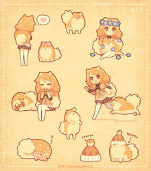  1girl animal animal_ears ball beanie blue_flower bow brown_eyes brown_hair brown_shirt brown_skirt commentary cookie dashed_border dav-19 deformed dog dog_ears dog_girl dog_tail dress eating english_commentary flower fluffy food hair_bow hat head_wreath heart long_hair momoko_(dav-19) multiple_views no_shoes original pom_pom_(clothes) pomeranian_(dog) pompon_(dav-19) running shirt sitting skirt sleeping spoken_heart standing stuffed_animal stuffed_toy tail teddy_bear tennis_ball thigh-highs unworn_hat unworn_headwear web_address white_thighhighs zzz 