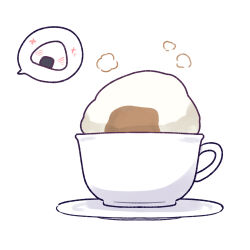  commentary_request cup food food_focus highres hololive no_humans onigiri saucer simple_background sparkle speech_bubble spoken_food teacup white_background yananang 