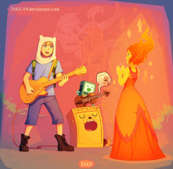  1boy 1other 3girls adventure_time animal_hood animification backpack bag bear_hood blonde_hair bmo boots clapping clipboard colored_skin commentary dav-19 dog dress electric_guitar elemental_(creature) english_commentary fiery_hair finger_to_mouth fire fire_elemental flame_princess floating floating_hair guitar holding holding_clipboard hood instrument long_dress long_hair marceline_abadeer missing_tooth multiple_girls open_mouth orange_dress princess see-through_body shorts shushing smile snail snail_(adventure_time) speech_bubble standing tank_top tiara viola_(instrument) worm yellow_skin 