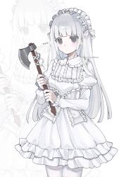  1girl accurate_lolita_coord artist_name axe bib_collar blunt_bangs bow colored_eyelashes commentary_request corrupted_twitter_file cowboy_shot dress dress_bow expressionless frilled_shirt_collar frills furirin grey_eyes hairband highres hime_cut holding holding_axe juliet_sleeves lolita_fashion lolita_hairband long_hair long_sleeves original pantyhose puffy_sleeves ribbon sidelocks simple_background solo white_background white_bow white_hair white_pantyhose white_ribbon white_theme zoom_layer 