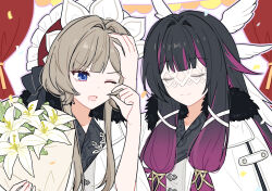  2girls baeksansan blush columbina_(genshin_impact) commentary_request couple eye_contact eye_mask face-to-face hair_ornament headdress highres looking_at_another mask multiple_girls original sandrone_(genshin_impact) see-through_clothes see-through_mask white_mask wing_hair_ornament yuri 