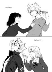  2boys 2girls arthur_pendragon_(fate) braid command_spell commentary_request copyright_name fate/prototype fate/strange_fake fate_(series) from_side grabbing_another's_hair greyscale highres holding holding_another's_hair holding_removed_eyewear jacket looking_at_another monochrome multicolored_hair multiple_boys multiple_girls name_connection open_clothes open_jacket richard_i_(fate) richard_i_(second_ascension)_(fate) sajou_ayaka_(fate/prototype) sajou_ayaka_(fate/strange_fake) shirt small_sweatdrop somori streaked_hair unworn_eyewear 