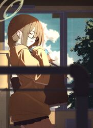  1girl absurdres akane_(blue_archive) akane_(school_uniform)_(blue_archive) blue_archive blue_scrunchie blue_sky breasts brown_cardigan brown_eyes brown_hair brown_halo cardigan clouds commentary_request glasses halo highres long_hair long_sleeves looking_at_viewer matsumoto_yutaka official_alternate_costume pleated_skirt school_uniform scrunchie skirt sky smile solo 