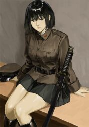 1girl arm_support bench black_eyes black_hair bob_cut brown_jacket closed_mouth collared_jacket commentary_request double-parted_bangs grey_skirt guntou hair_between_eyes hat highres imperial_japanese_army jacket light_frown long_sleeves looking_at_viewer military military_hat military_uniform original peaked_cap short_hair sitting skirt solo sword two-tone_headwear tyokugekidato unworn_hat unworn_headwear upper_body weapon wispy_bangs world_war_ii 