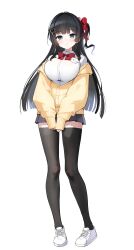  1girl absurdres black_hair black_skirt black_thighhighs blue_eyes bow bowtie braid breasts character_pin closed_mouth collared_shirt commentary_request dorok full_body haedungi_(shirayuki_hina) hair_bow hair_ornament heart heart_hair_ornament highres jacket jacket_partially_removed korean_commentary large_breasts long_hair long_sleeves multiple_hair_bows one_side_up partially_open_jacket pleated_skirt red_bow red_bowtie shirayuki_hina shirt shoes simple_background skirt skirt_peek sleeves_past_wrists sneakers solo stellive thigh-highs virtual_youtuber white_background white_shirt white_shoes yellow_jacket zettai_ryouiki 