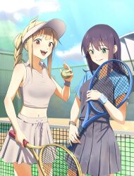  2girls absurdres ball bell_(akzkfhd45) black_hair blonde_hair blush cho_kaguya-hime! commentary_request green_eyes highres holding holding_racket holding_tennis_racket kaguya_(cho_kaguya-hime!) long_hair mole mole_under_eye multiple_girls open_mouth racket sakayori_iroha shirt skirt smile sportswear tennis tennis_ball tennis_court tennis_net tennis_racket tennis_skirt tennis_uniform two-tone_shirt yuri 