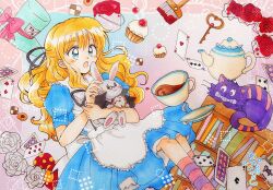  1girl ace_(playing_card) ace_of_hearts ace_of_spades alice's_adventures_in_wonderland alice_(alice_in_wonderland) animal apron black_jacket black_ribbon blonde_hair blue_dress blue_eyes blue_hat book bookshelf bow card cat checkerboard_cookie cherry cheshire_cat_(alice_in_wonderland) clothed_animal commentary_request cookie cup cupcake dress five_of_spades flower food four_of_spades fruit fukatsuki_mizuki grin hair_ribbon hat hat_bow heart highres holding holding_animal jacket joker_(playing_card) key long_hair monocle mushroom open_clothes open_jacket paint_can paintbrush pink_bow pink_socks playing_card pocket_watch puffy_short_sleeves puffy_sleeves purple_cat purple_socks rabbit red_flower red_rose ribbon rose saucer short_sleeves signature six_of_hearts smile socks spade_(shape) striped_clothes striped_socks tea teacup teapot three_of_clubs thumbprint_cookie top_hat traditional_media two-tone_socks two_of_diamonds violet_eyes watch white_apron white_flower white_rabbit_(alice_in_wonderland) white_rabbit_(animal) white_rose 