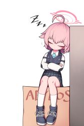  1girl absurdres ahoge black_shoes black_skirt blue_archive blush bulletproof_vest closed_eyes commentary_request commission cross-laced_shoes crossed_arms facing_viewer full_body hh highres hoshino_(blue_archive) hoshino_(first_year)_(blue_archive) leaning_to_the_side long_sleeves miniskirt pink_hair pixiv_commission shirt shoes short_hair simple_background sitting skirt sleeping socks solo white_shirt white_socks zzz 