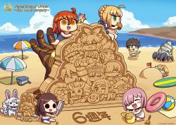  2boys 4girls anastasia_(fate) anniversary artoria_pendragon_(fate) beach beach_umbrella bikini black_eyes black_hair blonde_hair blue_eyes blue_sky brown_hair burger castor_(fate) chibi chibi_only closed_eyes clouds copyright_name copyright_notice day eating europa_(fate) facial_hair fate/grand_order fate_(series) food fou_(fate) fujimaru_ritsuka_(female) ganesha_(fate) goredolf_musik green_eyes hermit_crab highres holding holding_burger holding_food jinako_carigiri karna_(fate) koyanskaya_(fate) leonardo_da_vinci_(fate) leonardo_da_vinci_(rider)_(fate) li_shuwen_(fate) li_shuwen_(old)_(fate) lying mash_kyrielight medium_hair multiple_boys multiple_girls mustache napoleon_bonaparte_(fate) ocean official_art on_back orange_eyes orange_hair outdoors pink_hair pollux_(fate) promotional_art riyo_(lyomsnpmp) saber_(fate) sand sand_sculpture school_swimsuit second-party_source short_hair sitonai_(fate) sitting sky swimsuit umbrella water xiang_yu_(fate) 