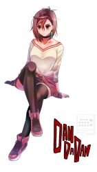  1girl 39_dayoo arm_support ayase_momo black_choker black_thighhighs breasts brown_eyes brown_hair choker closed_mouth clothes_around_waist collarbone copyright_name crossed_bangs dandadan earrings full_body hair_between_eyes highres invisible_chair jacket jacket_around_waist jewelry knee_up large_breasts messy_hair mixed-language_commentary official_alternate_costume red_eyes red_jacket shirt shoes short_hair simple_background sitting sneakers solo thigh-highs white_background white_shirt 