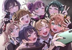  6+girls :d ;3 ^_^ anyoji_hime black_hair black_necktie blonde_hair blue_eyes blush bow bow_hairband brown_hair cellphone ceras_yanagida_lilienfeld chain_choker closed_eyes closed_mouth colored_skin commentary_request double_bun from_above green_hair grey_hair hair_bow hair_bun hair_ornament hairband highres hinoshita_kaho holding holding_phone i_do_me!_(love_live!) kachimachi_kosuzu katsuragi_izumi lilac_(li_lac_3) looking_at_phone love_live! love_live!_hasu_no_sora_jogakuin_school_idol_club low_twintails momose_ginko multiple_girls murano_sayaka necktie one_eye_closed open_mouth orange_eyes orange_hair osawa_rurino phone pink_hair selfie shirt side_ponytail single_side_bun smartphone smile teeth twintails twitter_username upper_body upper_teeth_only v v-shaped_eyebrows virtual_youtuber white_shirt x_hair_ornament 