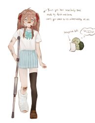  1boy 1girl ahoge aqua_bow aqua_bowtie bandaid bandaid_on_face bandaid_on_nose black_thighhighs blue_eyes blue_sailor_collar blue_skirt bow bowtie brown_hair bruise bruise_on_arm cast closed_mouth commentary crutch dgucedunno english_text full_body hair_between_eyes hair_ornament hair_ribbon heart heart_hair_ornament highres holding_crutch injury leg_cast long_hair looking_to_the_side neuro-sama neuro-sama_(1st_costume) pleated_skirt red_ribbon ribbon sailor_collar school_uniform serafuku short_sleeves single_thighhigh skirt speech_bubble standing thigh-highs thought_bubble turtle two_side_up untranslatable_commentary vedal987 vedal_ai virtual_youtuber white_serafuku 