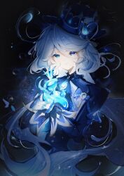  1girl absurdres ahoge blue_eyes blue_gem blue_hair blue_hat blue_jacket blue_sleeves eyelash_ornament furina_(genshin_impact) gem gem_hat_ornament genshin_impact gloves hair_between_eyes hat heterochromia highres hugging_object jacket long_hair long_sleeves singer_of_many_waters_(genshin_impact) smile solo teardrop-shaped_gem tears top_hat upper_body violet_eyes vision_(genshin_impact) white_gloves white_hair 