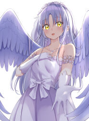 1girl :d absurdres alternate_costume angel angel_beats! angel_wings backlighting bare_shoulders blush bow breasts bridal_veil bride collarbone colored_eyelashes commentary cowboy_shot dress dress_bow eyelashes eyes_visible_through_hair feathered_wings gloves hair_between_eyes hair_over_wings hand_on_own_chest hand_up happy highres jewelry kuwakuma long_hair looking_at_viewer necklace open_mouth outstretched_arm outstretched_hand pleated_dress reaching reaching_towards_viewer sidelocks simple_background small_breasts smile solo sparkle straight_hair strapless strapless_dress tachibana_kanade veil very_long_hair wedding_dress white_background white_bow white_dress white_gloves white_hair white_veil white_wings wings yellow_eyes 