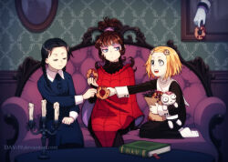 3girls animification bag barefoot beetlejuice beetlejuice_(cartoon) blonde_hair blood bob_cut book braid candle child closed_eyes closed_mouth couch crossover dav-19 doughnut dress eyeshadow food genre_connection giving giving_food hair_ornament heterochromia lenore_lynchfast lenore_the_cute_little_dead_girl lydia_deetz makeup multiple_girls outfit_connection ragamuffin red_poncho skull_hair_ornament table the_addams_family twin_braids wednesday_addams 