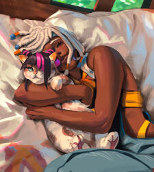  animalization calico_(pattern) calico_cat comfy commentary dark_skin elaim elena_(street_fighter) green_eyes han_juri highres on_bed street_fighter street_fighter_6 white_hair 