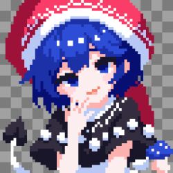 1girl blue_eyes blue_hair blush doremy_sweet dress hat highres looking_at_viewer nightcap open_mouth pixel_art pom_pom_(clothes) red_hat short_hair smile solo tail takeez3 tapir_tail touhou 