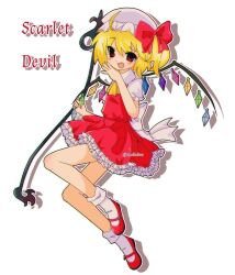  1girl 2000s_(style) ascot blonde_hair character_name crystal crystal_wings flandre_scarlet full_body hat hat_ribbon highres laevatein_(touhou) mob_cap multicolored_wings red_eyes red_skirt red_vest ribbon side_ponytail simple_background skirt skirt_set touhou vest white_background white_hat wings yellow_ascot 