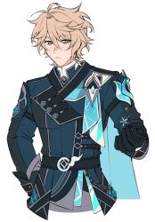  1boy aether_(genshin_impact) aether_(snezhnaya)_(genshin_impact) ahoge armor belt black_belt black_gloves blonde_hair blue_cape blue_gem blue_jacket buttons cape chain closed_mouth diamond_button earrings english_commentary gem genshin_impact gloves grey_pants hair_between_eyes half-closed_eyes hand_on_own_hip hand_up highres jacket jewelry lapels long_sleeves majunjuu male_focus mandarin_collar official_alternate_costume orange_eyes pants scar scar_on_face shirt short_hair shoulder_armor simple_background single_earring snowflakes solo white_background white_shirt yellow_pupils 