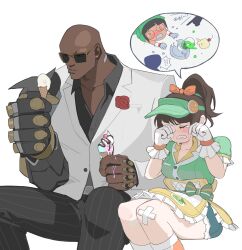  1boy 1girl angry apple_print apron bald bandaid bandaid_on_knee bandaid_on_leg belt black_pants black_shirt blush bow breast_pocket broken_plate brown_hair buttons censored_profanity collar collarbone crying dark-skinned_male dark_skin doomfist_(overwatch) earrings flower flower_ornament food food_print formal_clothes frilled_gloves frills fruit_print gauntlets giant_gauntlets gloves green_hat green_shirt hair_bow hand_on_own_face hat highres holding holding_food holding_ice_cream ice_cream jewelry looking_at_food lowleg lowleg_shorts mechanical_hands mei_(overwatch) melting_ice_cream official_alternate_costume on_floor overwatch pants plate pocket ponytail puffy_short_sleeves puffy_sleeves remembering ribbon-trimmed_apron ribbon_trim sad sangw22 shirt short_hair short_sleeves shorts single_gauntlet sitting socks speech_bubble striped_clothes striped_pants suit sunglasses tears vertical-striped_clothes vertical-striped_pants visor_cap white_background white_suit wiping_tears yellow-framed_eyewear yellow_apron 