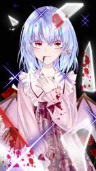  1girl alternate_costume bat_wings black_background blood blood_on_face blue_hair bow clothing_request commentary_request contrast_collar dress floral_print flower frilled_shirt_collar frills hand_on_own_chest highres long_sleeves marimohu_starry medium_hair missing_headwear pink_dress pointy_ears purple_bow red_eyes red_flower red_nails red_rose remilia_scarlet rose shards sleeves_past_wrists solo sparkle touhou variant_set wings 