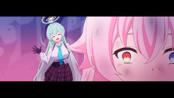  2girls :d ^_^ absurdres ahoge aqua_hair black_gloves black_skirt blue_archive blue_necktie breasts bruise closed_eyes commentary_request crossed_bangs fancy_embedded_notes gloves hair_flaps halo heterochromia highres hoshino_(blue_archive) huge_ahoge injury jujutsu_kaisen kumichiyo large_breasts letterboxed meme multiple_girls necktie pink_hair pleated_skirt scene_reference shirt skirt smile textless_version waving white_shirt yo_satoru_it's_been_a_while_(meme) yume_(blue_archive) 