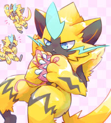  animal_focus animal_nose aqua_eyes black_fur blue_fur body_fur cat checkered_background chibi chibi_inset claws commentary english_commentary furry multicolored_fur pawpads pink_background plum!_(plumcea) pokemon pokemon_(creature) pokemon_focus two-tone_fur whiskers yarn yarn_ball yellow_fur zeraora 