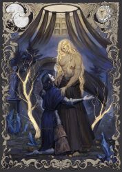  2girls armlet armor bare_shoulders barefoot black_hair blonde_hair blue_robe blue_surcoat braid breasts buriedinembers commission couter cuirass elden_ring elden_ring:_shadow_of_the_erdtree eyeball full_armor full_moon gold_armlet gold_diadem highres holding jewelry kneeling knight long_hair looking_at_another moon multiple_girls plate_armor queen queen_marika_the_eternal rellana_twin_moon_knight rerebrace robe rondel shoulder_armor side_braids slit_pupils tree very_long_hair yellow_eyes 