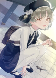 1girl backpack bag beret black_hat black_ribbon black_shoes black_skirt brown_eyes brown_hair collared_shirt commentary_request fang flower full_body hat hatoba_tsugu knees_up light_particles lizard long_sleeves looking_at_viewer mole mole_under_eye neck_ribbon open_mouth pantyhose ribbon shirt shirt_tucked_in shoes short_hair skin_fang skirt solo squatting subachi suspender_skirt suspenders tile_floor tiles tsugu_(vtuber) virtual_youtuber white_flower white_pantyhose white_shirt 