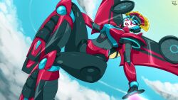  1girl airplane_wing autobot beam_weapon blue_eyes clouds commentary energy_sword english_commentary flying highres humanoid_robot mechanical_wings metal_skin red_lips robot robot_girl sammy-upvotes sky sword thighs transformers weapon windblade wings 