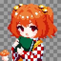  1girl apron bell checkered_clothes checkered_kimono commentary_request hair_bell hair_ornament highres japanese_clothes kimono long_sleeves motoori_kosuzu open_mouth pixel_art red_eyes short_hair solo takeez3 touhou twintails two_side_up wide_sleeves 