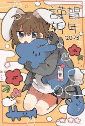  1girl 2023 animal_ears black_shorts black_socks blue_eyes blue_slippers blush_stickers brown_hair commentary_request double-parted_bangs full_body grey_hoodie hair_between_eyes highres holding holding_stuffed_toy hood hood_down hoodie long_sleeves looking_at_viewer new_year open_clothes open_hoodie open_mouth original rabbit_ears rabbit_girl rabbit_tail shirt short_hair short_shorts shorts slippers socks solo stuffed_animal stuffed_rabbit stuffed_toy tail uenae_chiyiro white_shirt yellow_background 