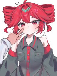  1girl ahoge anger_vein bare_shoulders black_shirt black_sleeves blush_stickers breast_pocket cheek_poking collared_shirt commentary corrupted_twitter_file detached_sleeves double-parted_bangs highres kasane_teto looking_at_viewer number_tattoo pocket poking pout pov pov_hands red_eyes red_hair shirt short_hair sleeveless sleeveless_shirt souha_117 standing tattoo untranslatable_commentary upper_body utau 